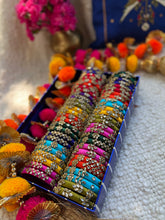 Load image into Gallery viewer, Kundan Work Silk Bangles- Set of 5 Pairs