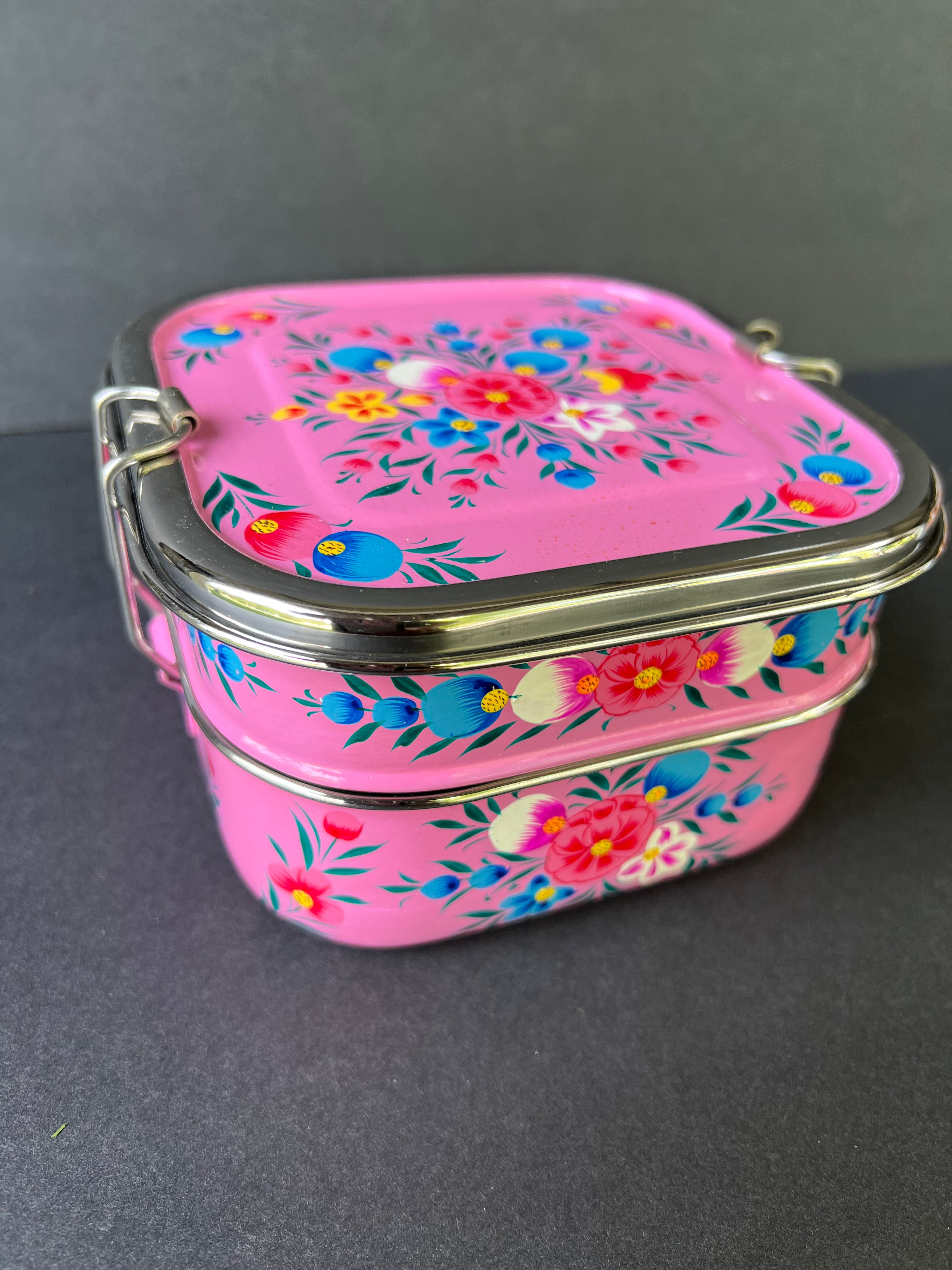 Pink Floral Stainless Steel Lunch Box Tiffin - Floral Pink Tiffin