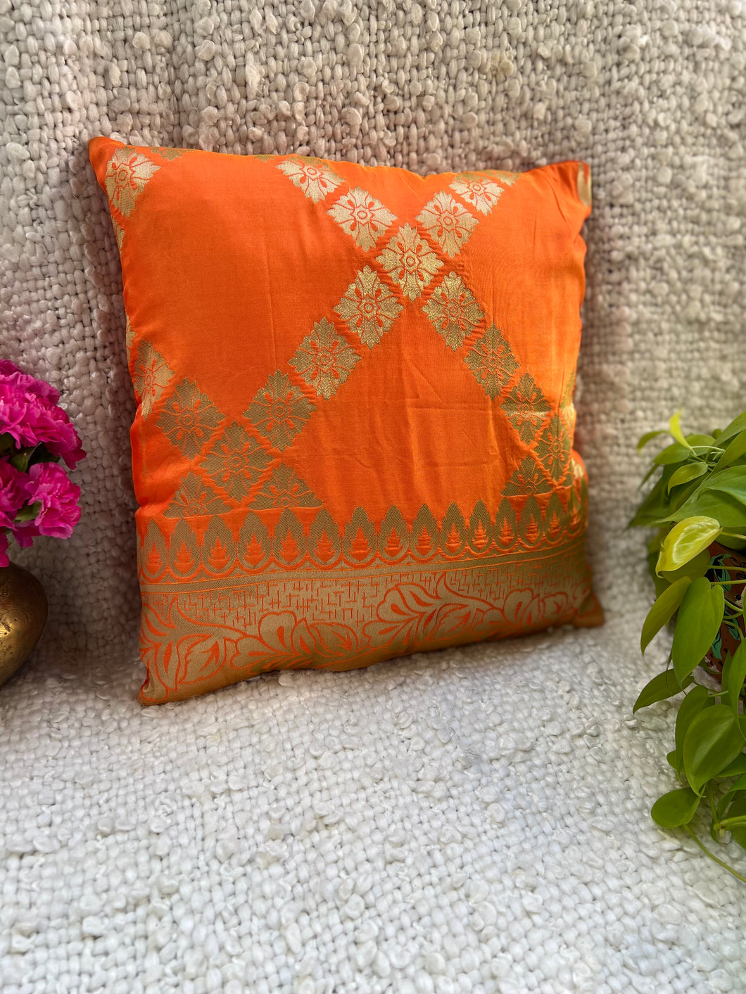 Orange Banarasi Cushion Cover