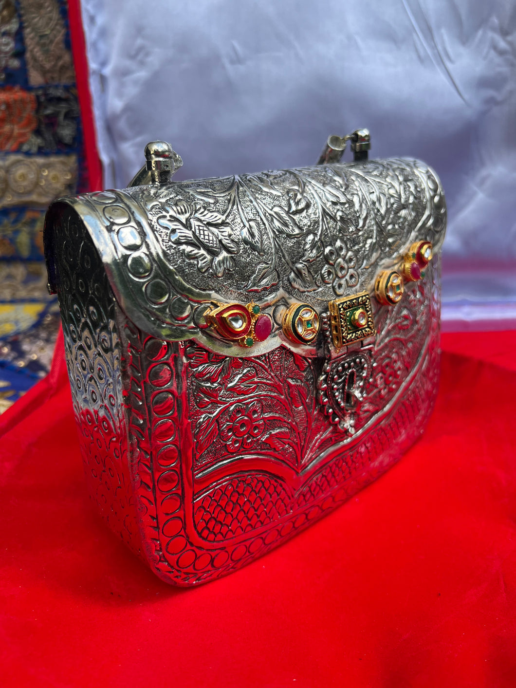 Embellished Oxidized Silver Handbag
