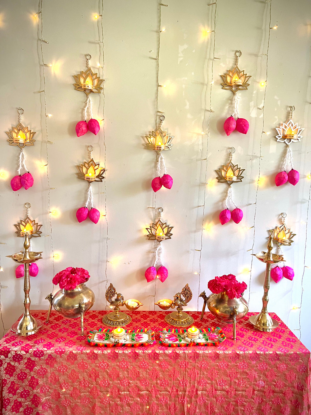 Gold Lotus Cutout Hangings w/Tealights- Set of 10