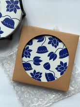 Load image into Gallery viewer, Pichwai Coasters- Ceramic with Cork Base - White and Blue Lotus
