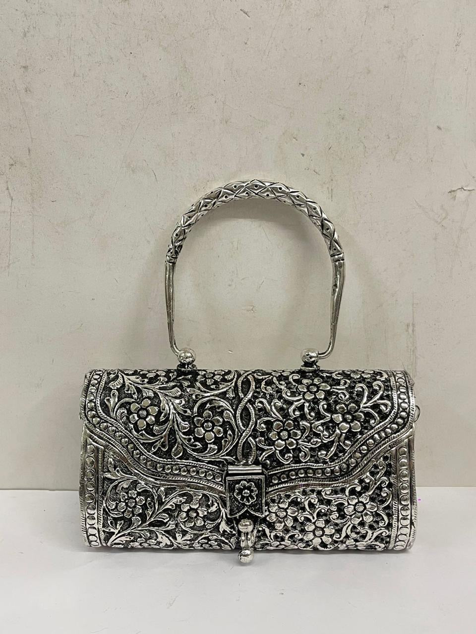 Oxidized Silver Handbag- Fine Carving