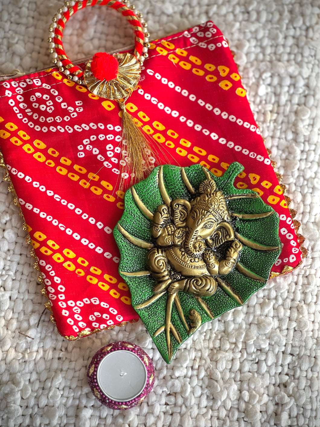 Bandhani Bag W/ Ganesh and Beaded Tealight