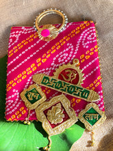 Load image into Gallery viewer, Bandhani Bag W/ Gold Subh Labh Hangings
