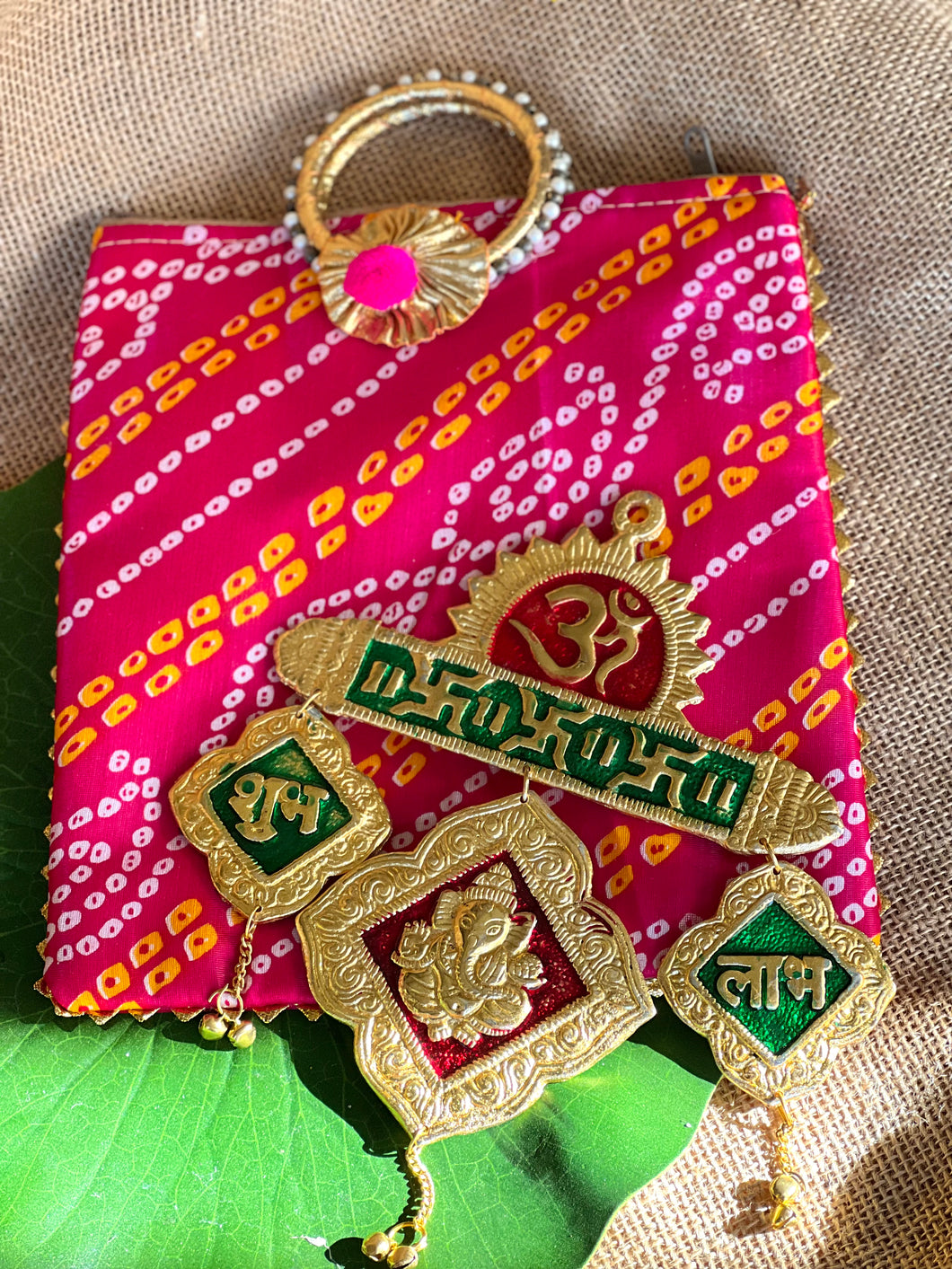 Bandhani Bag W/ Gold Subh Labh Hangings