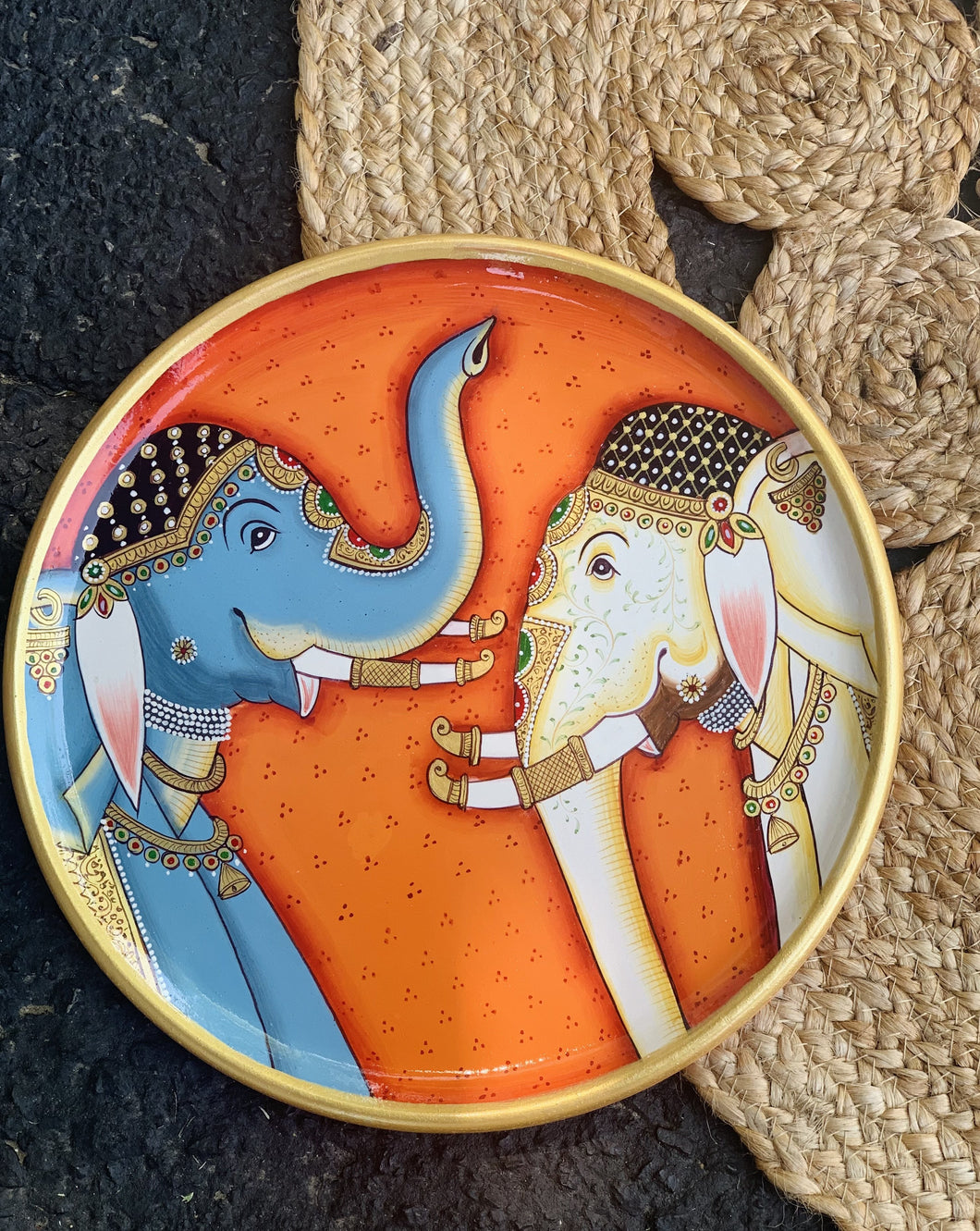 Pichwai Plates- Royal Elephant Pair