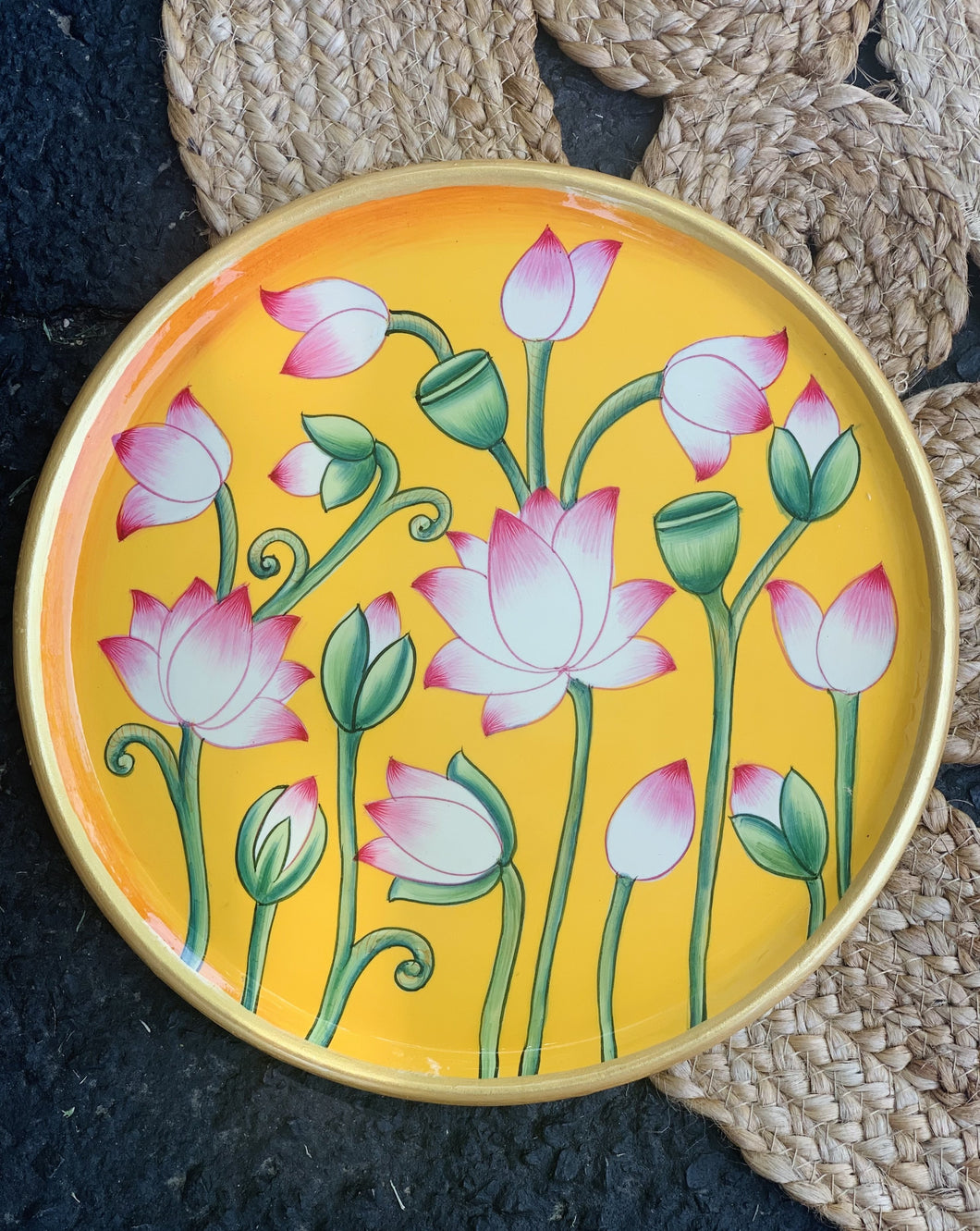 Pichwai Plates- Yellow Base Large Lotus