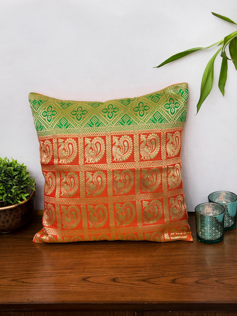 Orange Green Banarasi Brocade Cushion Cover