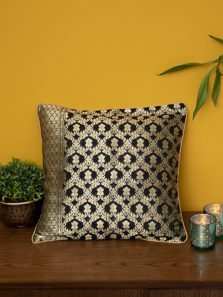 Black Banarasi Brocade Cushion Cover