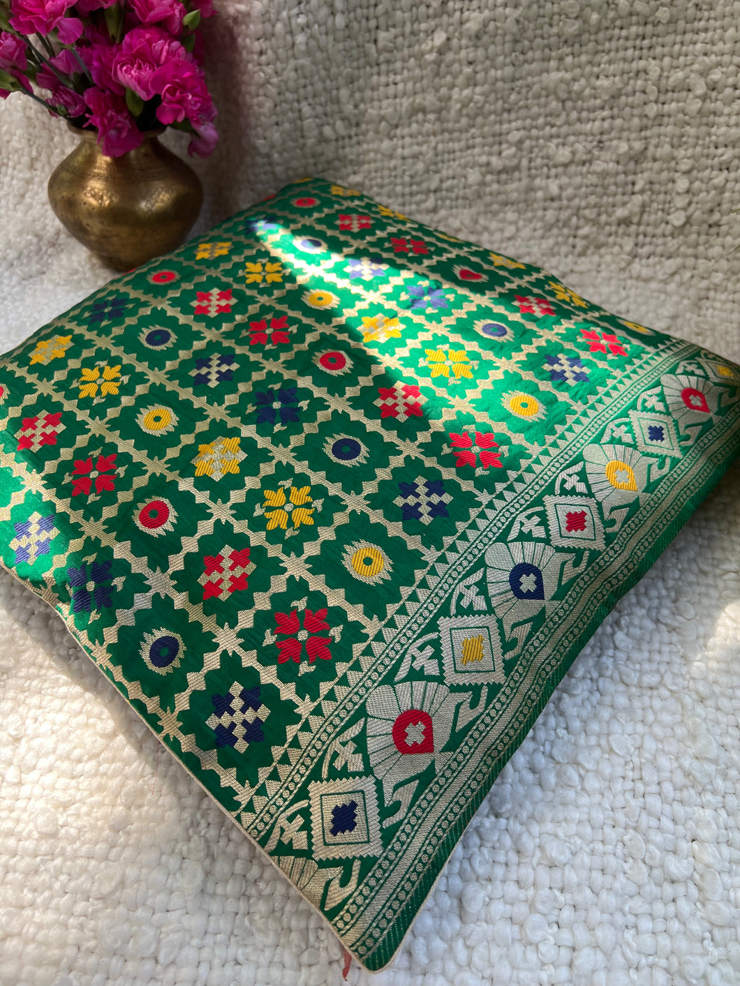 Green Ikkat Banarasi Brocade Cushion Cover