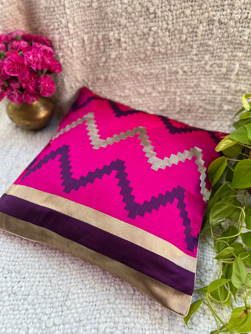 Pink Purple Banarasi Cushion Cover