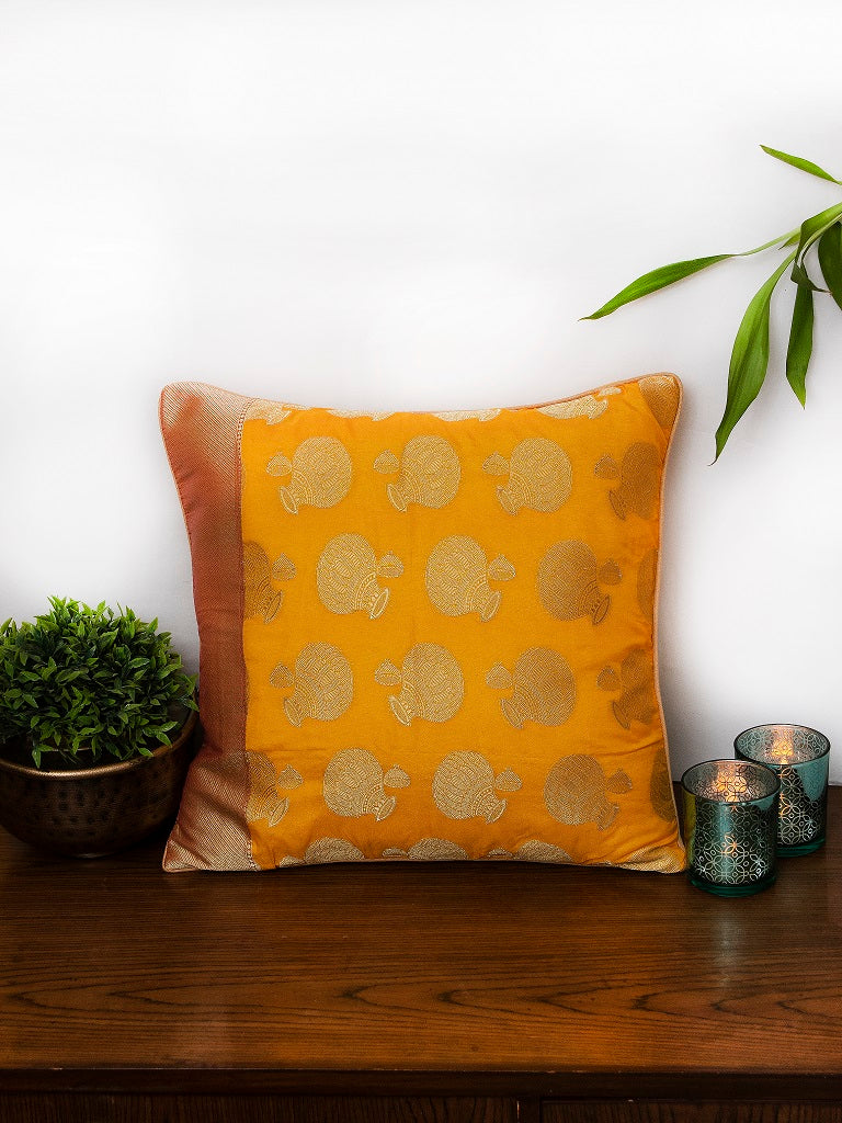 Yellow Red Banarasi Brocade Cushion Cover