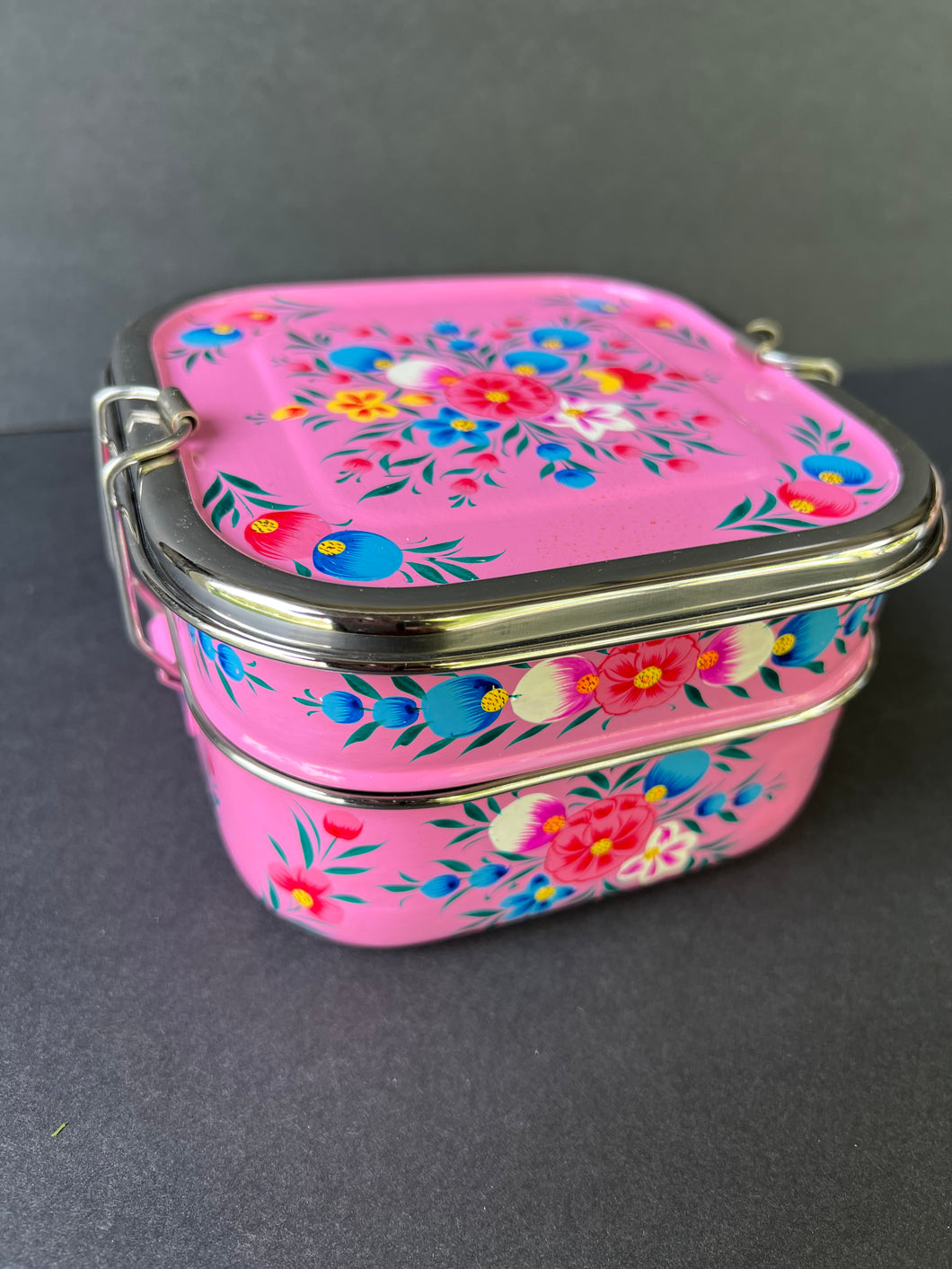 Kashmiri Enamelware Stainless Steel Lunch Box- Two Tier Square