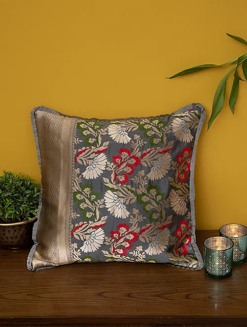 Grey Banarasi Brocade Cushion Cover